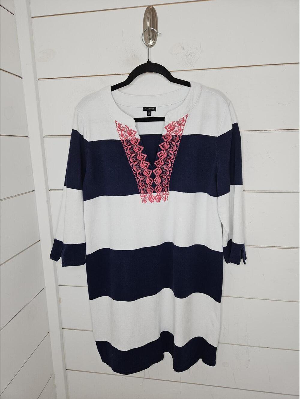 Talbots XL navy blue & white rugby stripe with pink embroidery mini preppy dress